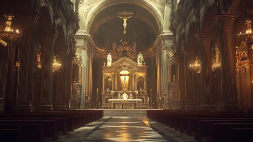 Golden cathedral sanctuary glowing with quiet evening light.