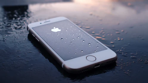 White iPhone on Wet Surface with Water Droplets and Ambient Light.