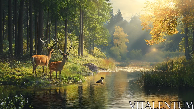 Golden forest morning with deer by a shimmering river.