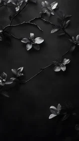 Black and white floral branches arranged against dark background.