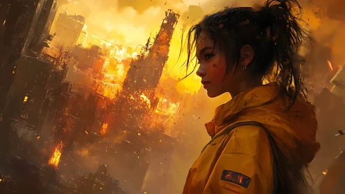 Firelit girl in a yellow coat walks through collapsing city.