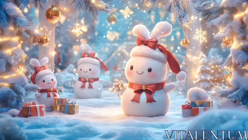 Kawaii snow bunnies share glowing winter holiday joy.