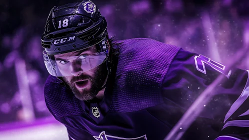 Chromatic close-quarters analysis of purple-lit hockey sprint.