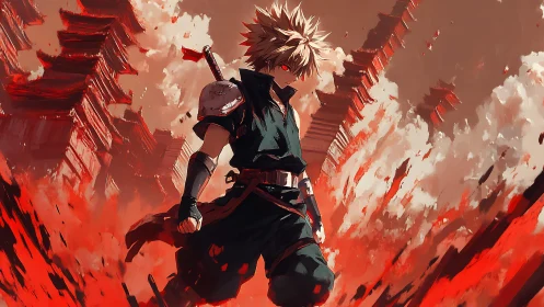 Armored anime swordsman amid red explosive abstract field.