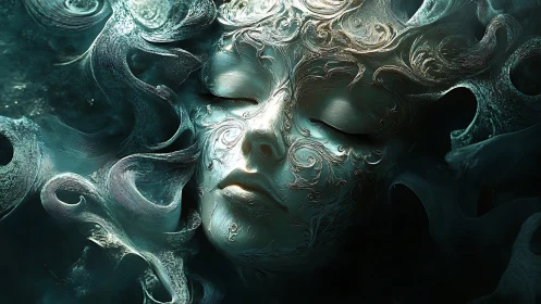 Surreal ornate face emerging from swirling teal mist.