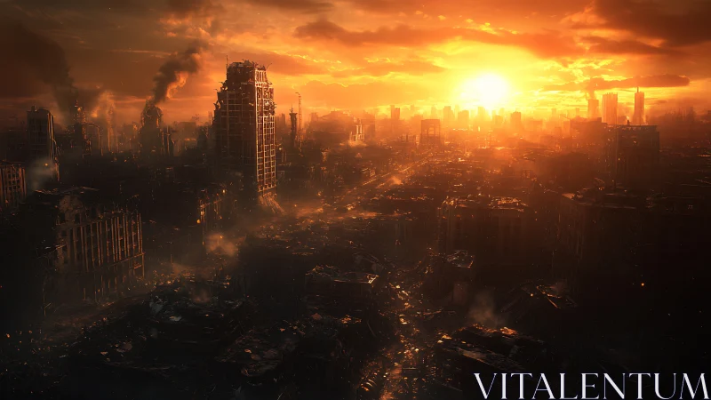 Ruined city skyline under burning orange postwar sunset.