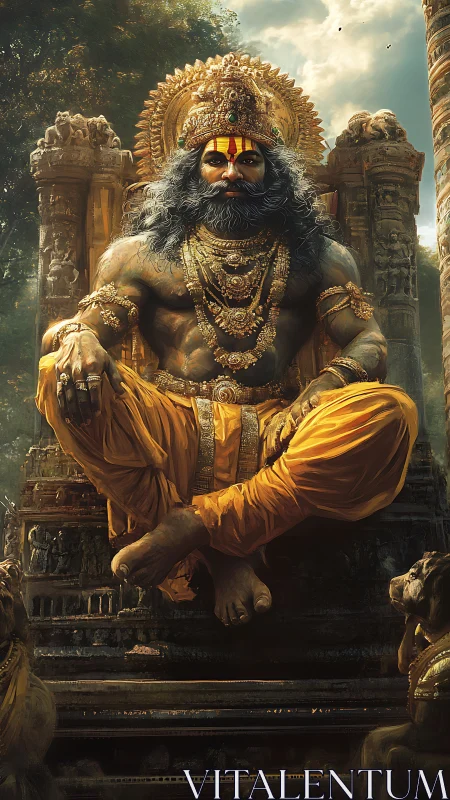 Mythic warrior deity seated on ornate stone throne.