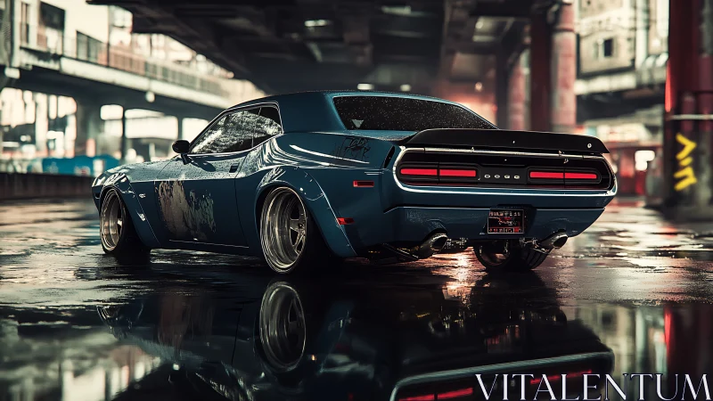 Modified blue muscle car in wet urban industrial setting.