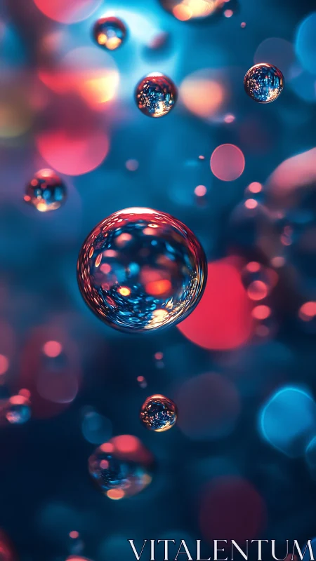 Glowing liquid orbs hover in neon blue and magenta space.