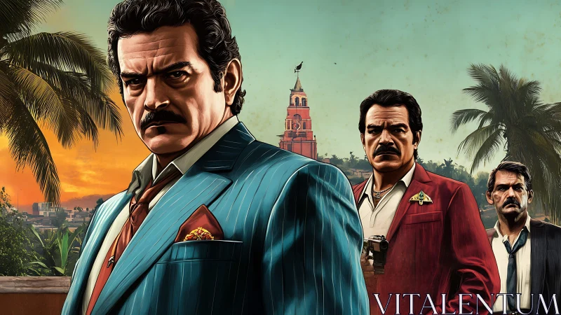 Three suited men in tropical cityscape at sunset. Period.