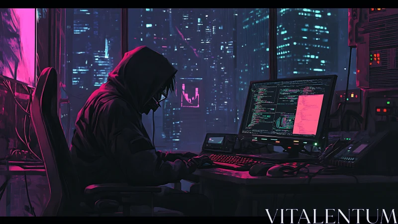 Hooded hacker codes in neon cyberpunk night office.