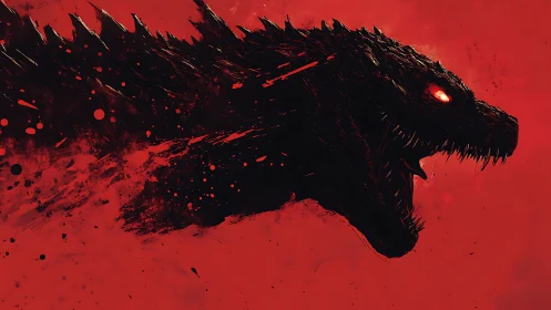 Monstrous reptilian silhouette against intense red ground.