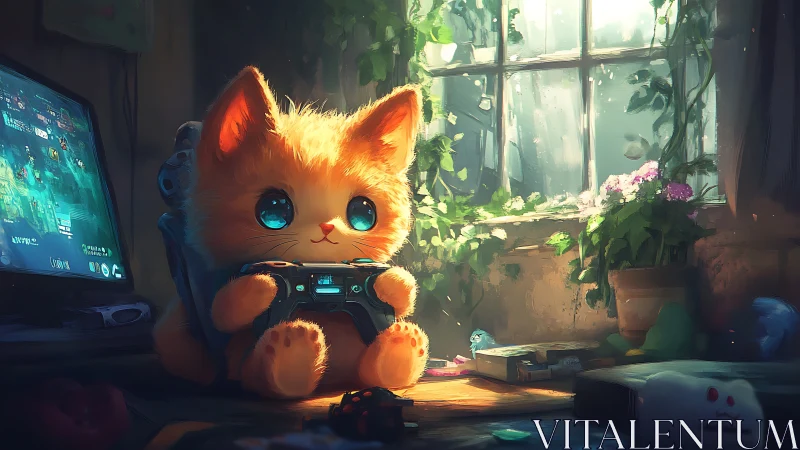 Fluffy orange kitten holds game controller near bright window