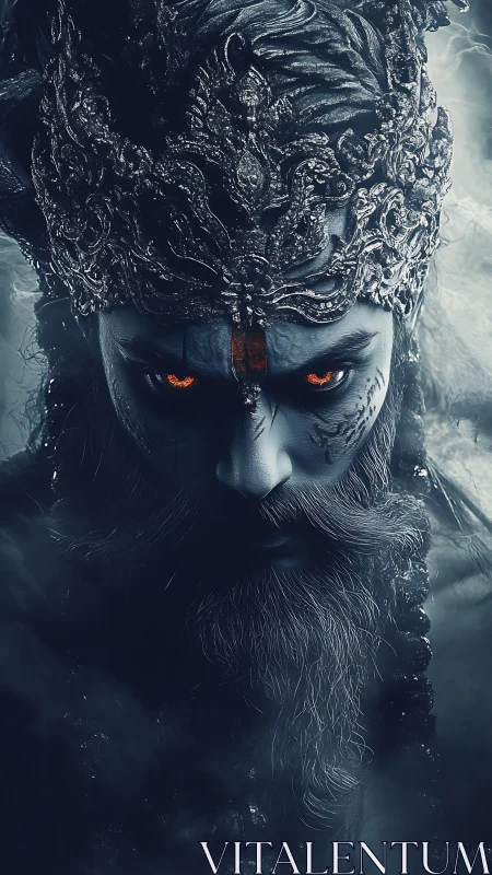 Mythic warrior portrait with ornate crown and glowing eyes.