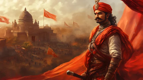 Crimson warlord watches a temple city blaze with banners.