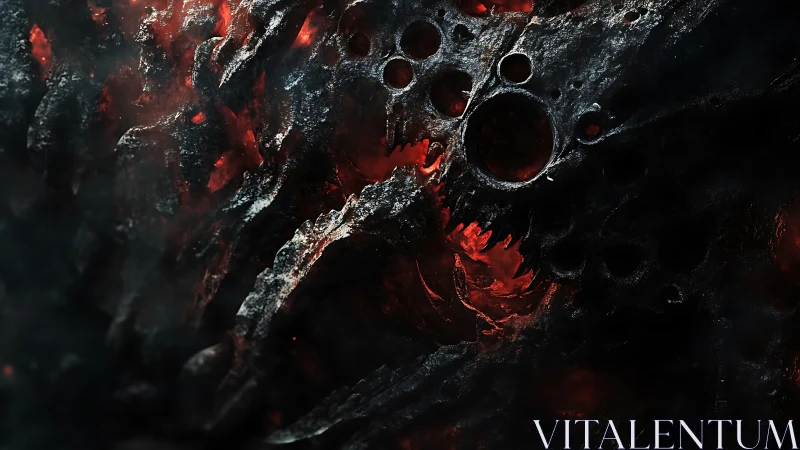 Charred skeletal structure exposes molten red core within