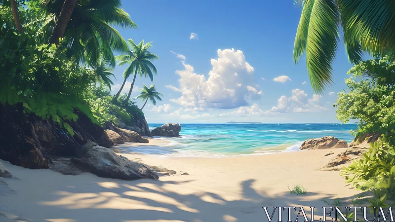 Tropical Beach Paradise with Palm Trees and Turquoise Waters.