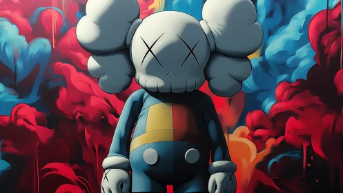 Cartoon figure with crossed eyes in vivid smoke clouds.