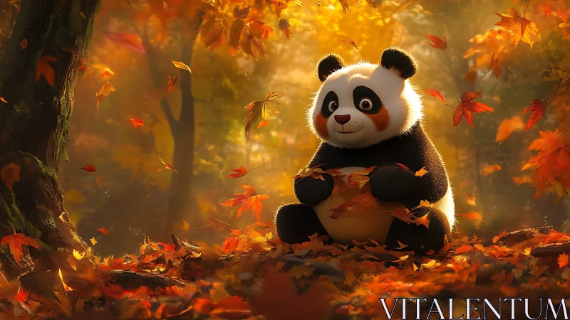 Playful baby panda enjoying cozy autumn forest magic.