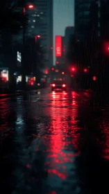 Nocturnal city street in rain with red bokeh reflections