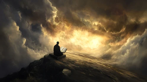 Solitary reader welcomes sunrise light atop a misty cliff