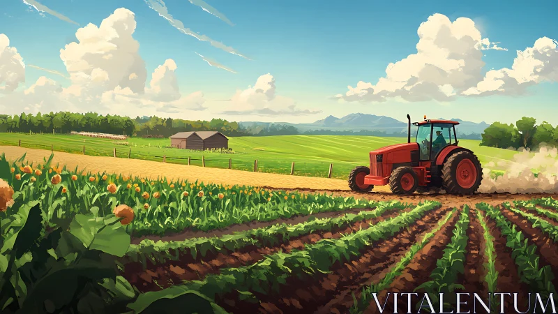 Precision-tilled farmland with red tractor under cumulus sky.