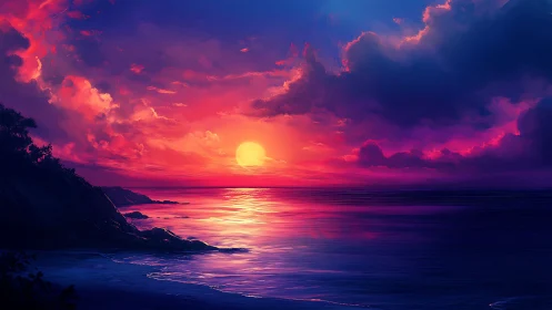 Neon dusk tide where magenta clouds kiss a burning sun.