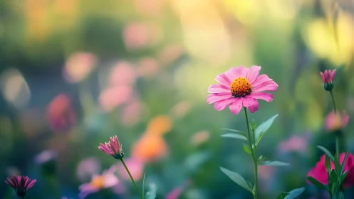 Pink Zinnia Blooms in Soft Garden Light.