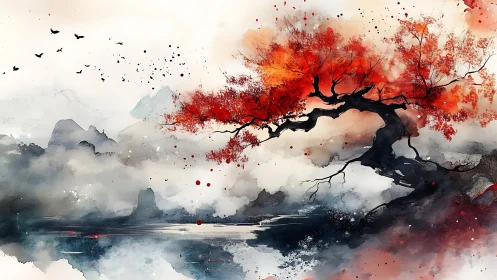 Crimson maple bonsai over misted lake in sumi-e watercolor