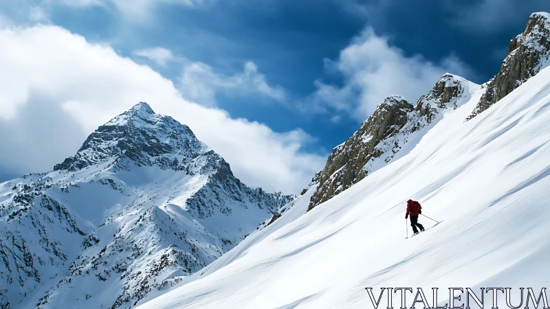 Photorealistic alpine ascent with skier on diagonal snowfield.