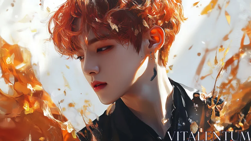 Radiant youth gazes aside amid swirling golden embers