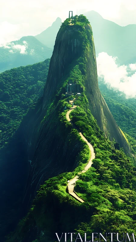 Winding cliffside path leading to a misty sky temple summit.