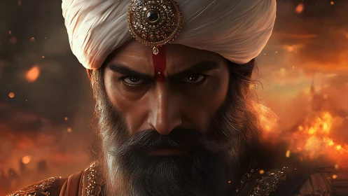 Commanding warrior in jeweled turban gazes through embers