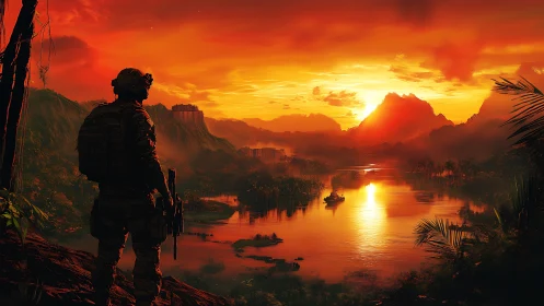 Tactical soldier silhouette over cinematic sunset river valley.