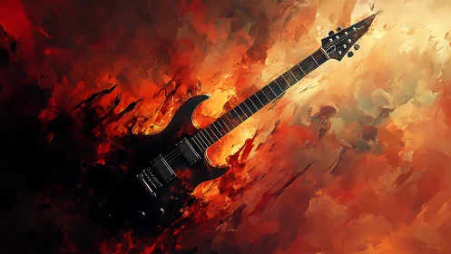 Electric guitar suspended in fiery abstract red-orange vortex