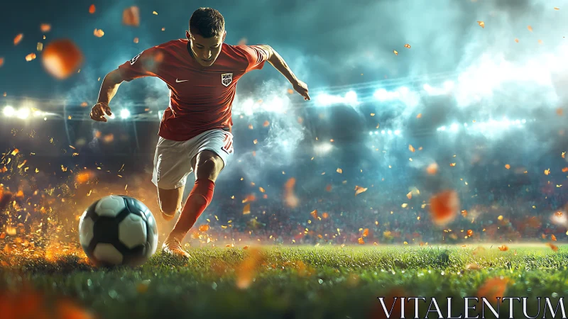 Soccer player sprinting toward ball on stadium field at night.