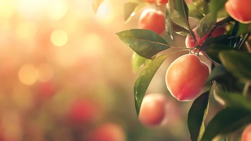 Soft bokeh depth of field isolates ripe peaches on sunlit branch