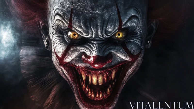 Grotesque killer clown close-up with glowing predator eyes.