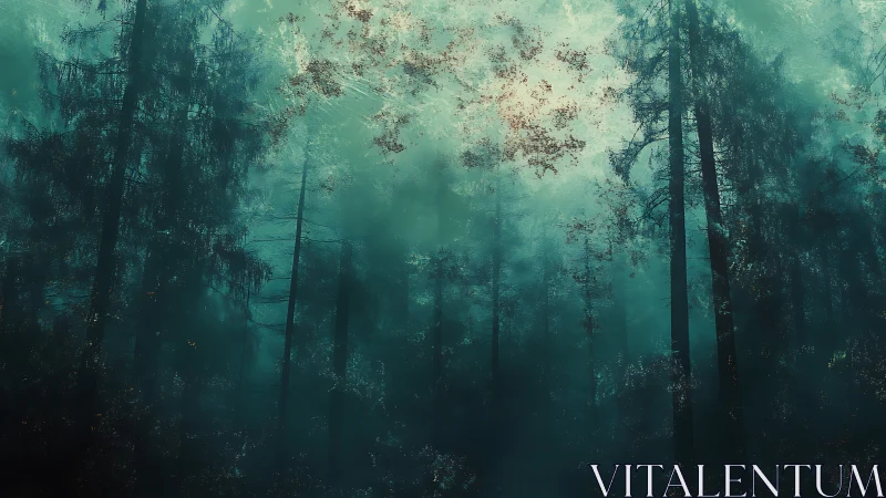 Misty forest emerges through teal atmospheric haze and glowing canopy.
