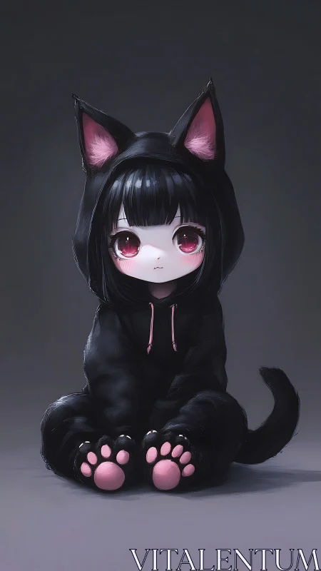 Soft-eyed neko girl sits quietly in a cozy black cat suit