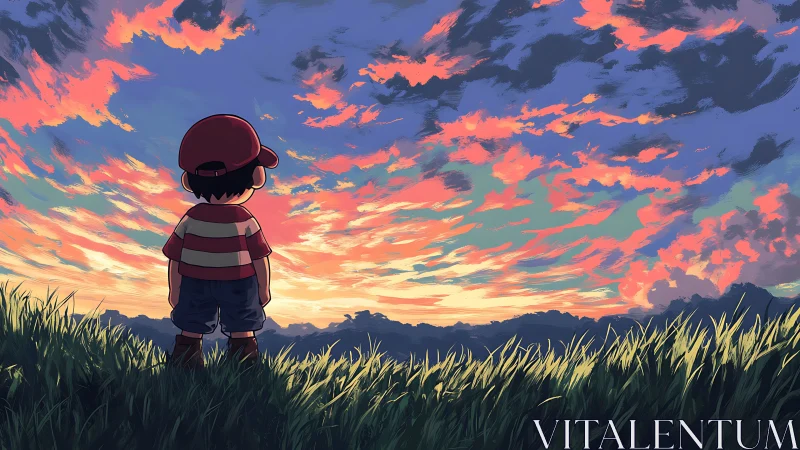 Boy in striped shirt contemplating a blazing sunset sky.