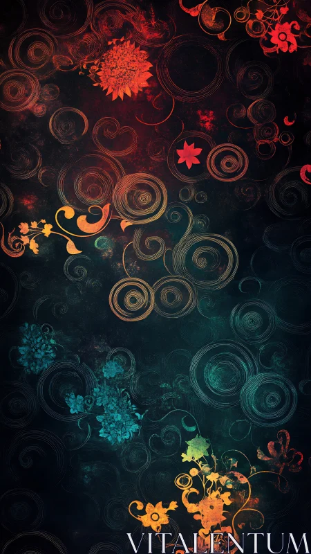 Spiral motifs intersect with floral silhouettes on dark field