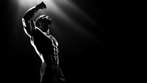 Muscular athlete flexes in dramatic high contrast light.