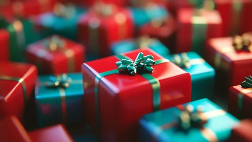 Dense array of glossy gift boxes with shallow depth-of-field focus