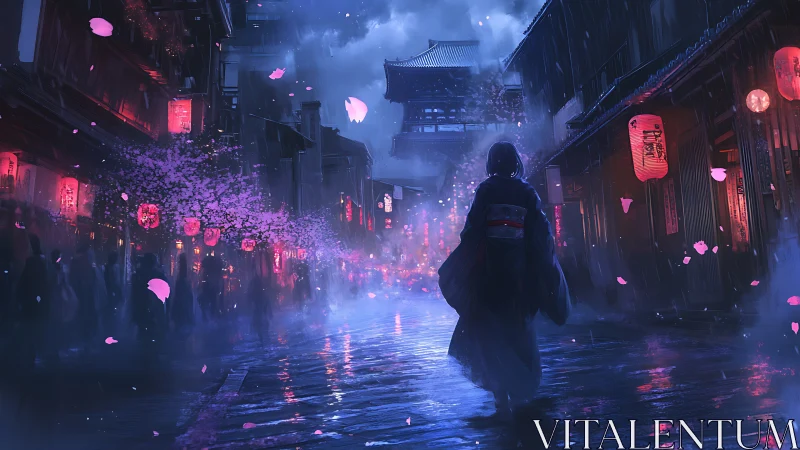 Figure walks through lantern-lit rainy street at night
