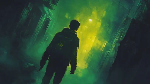 Neon fog drifter stalking a toxic green midnight alleyway.