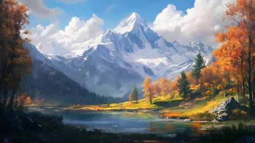 Autumnal alpine basin with snow‑loaded massif and reflective lake.