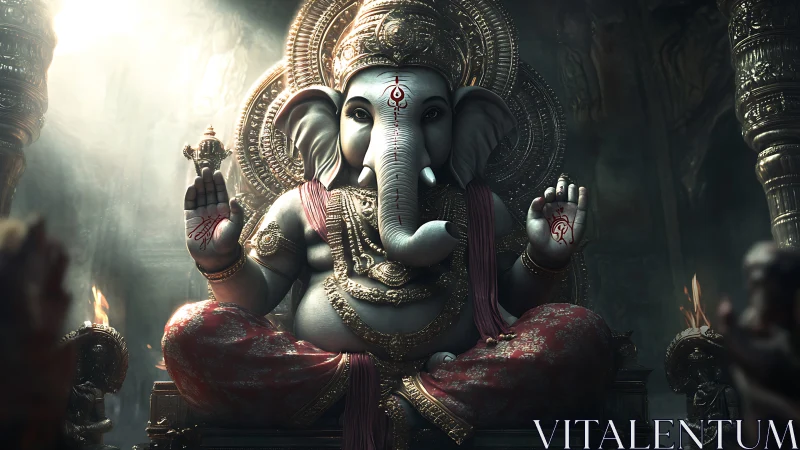 Majestic Ganesha statue sits in dimly lit temple interior