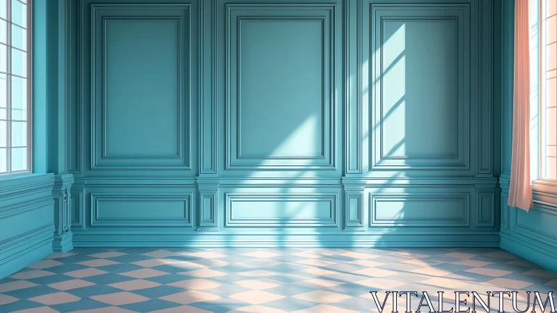 Sunlit teal salon where quiet geometry performs. Period.