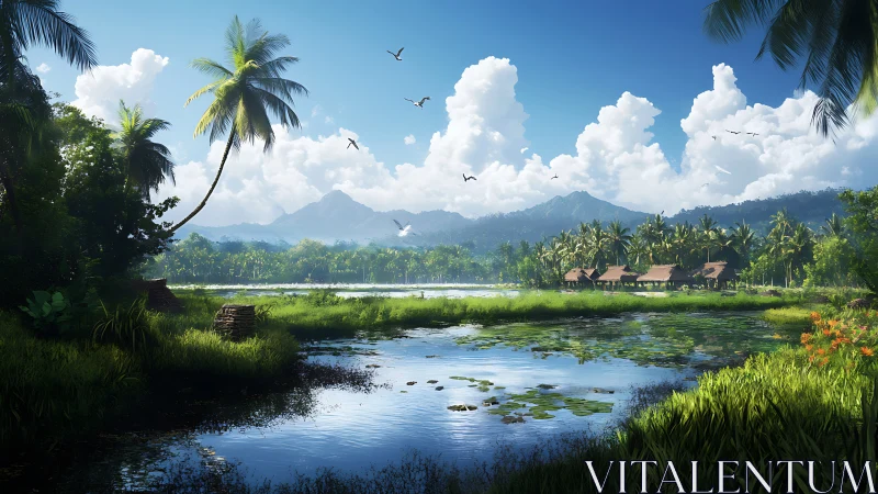 Palm trees trade secrets with quiet water under cloud towers